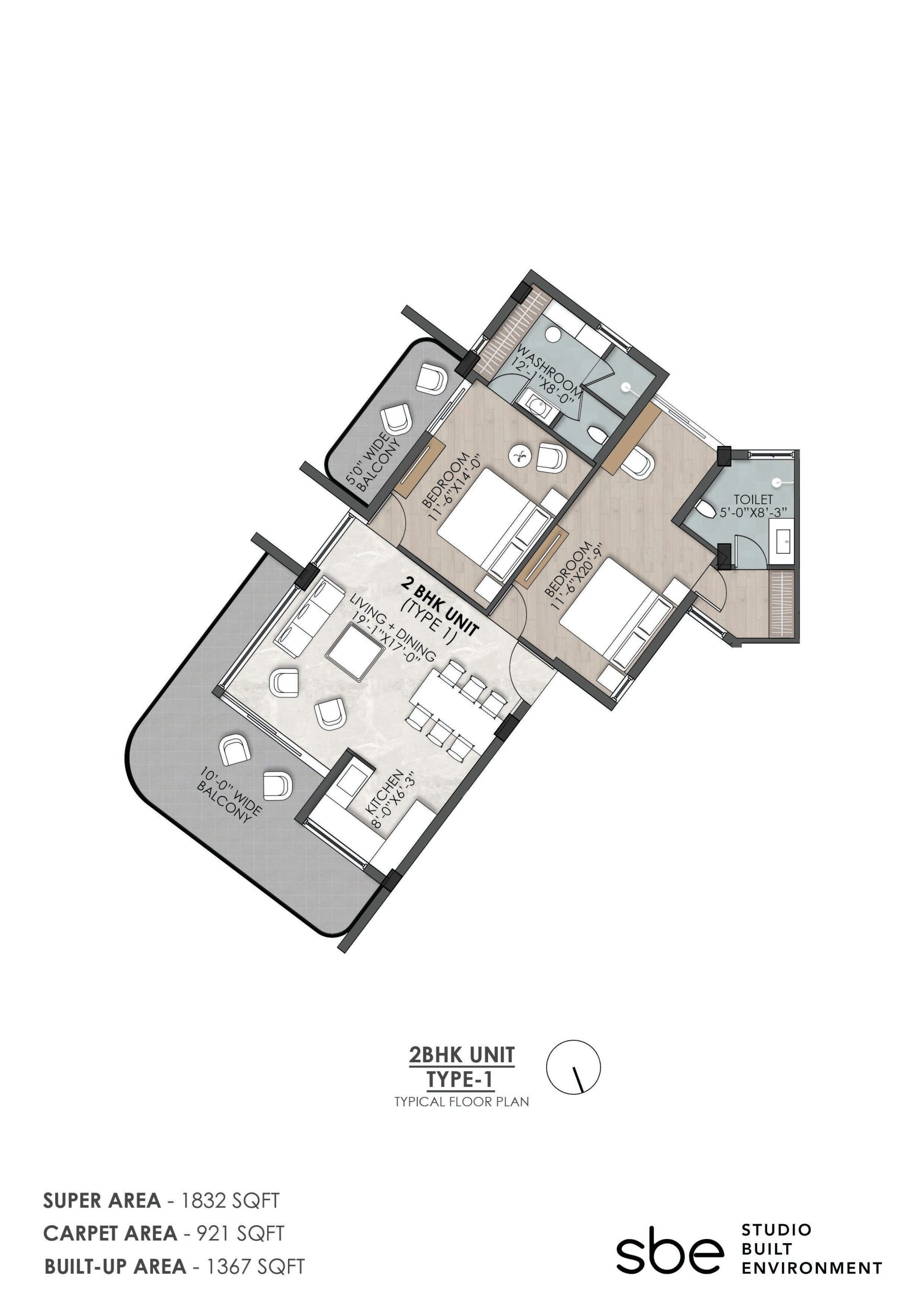 2 BHK Apartments - Type 1 Size:1832 sq ft Rooms:2 Baths:2